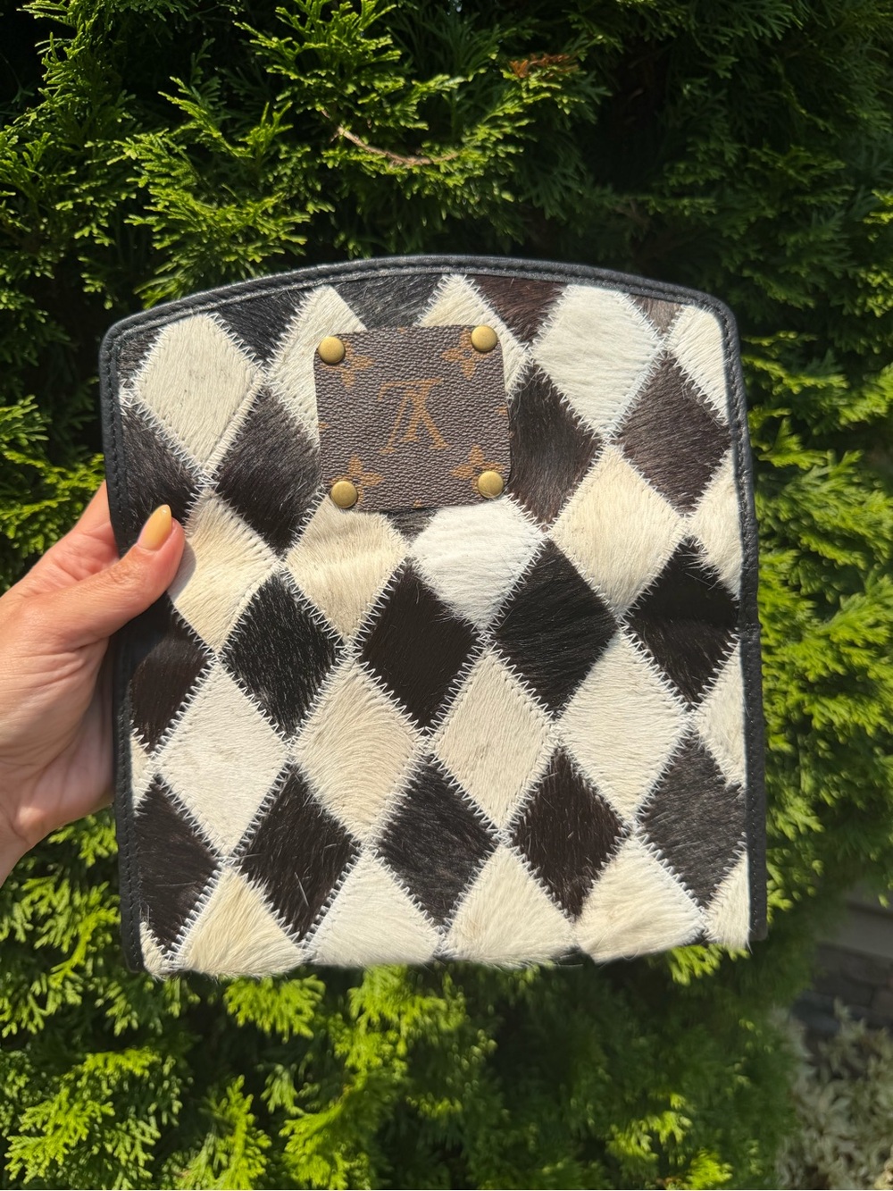 Upcycled Louis Vuitton Patch Black & White Diamond Cowhide Wallet - Picture 15 of 15